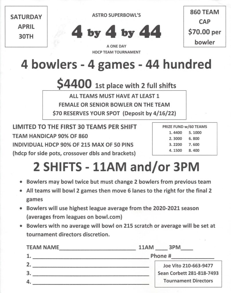4 by 4 by 44 Bowling Tournament Southern TNBA & USBC Bowling