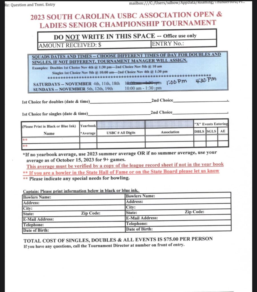 2023 SC USBC Annual Senior Open and Ladies Handicap Championship