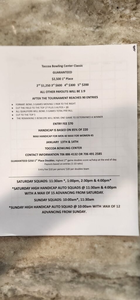 Toccoa Bowling Center Classic Bowling Tournament