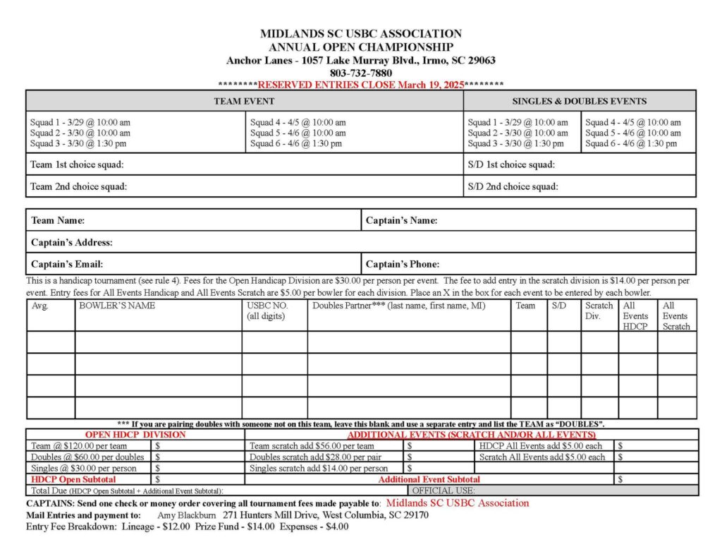 Midlands SC USBC Annual Open Championship Bowling Tournament