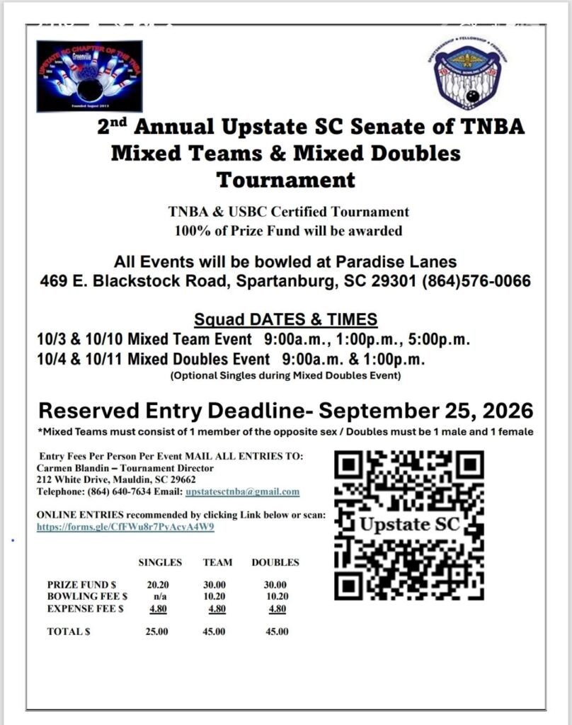 2nd Annual Upstate SC TNBA Mixed Teams and Mixed Doubles Bowling Tournament