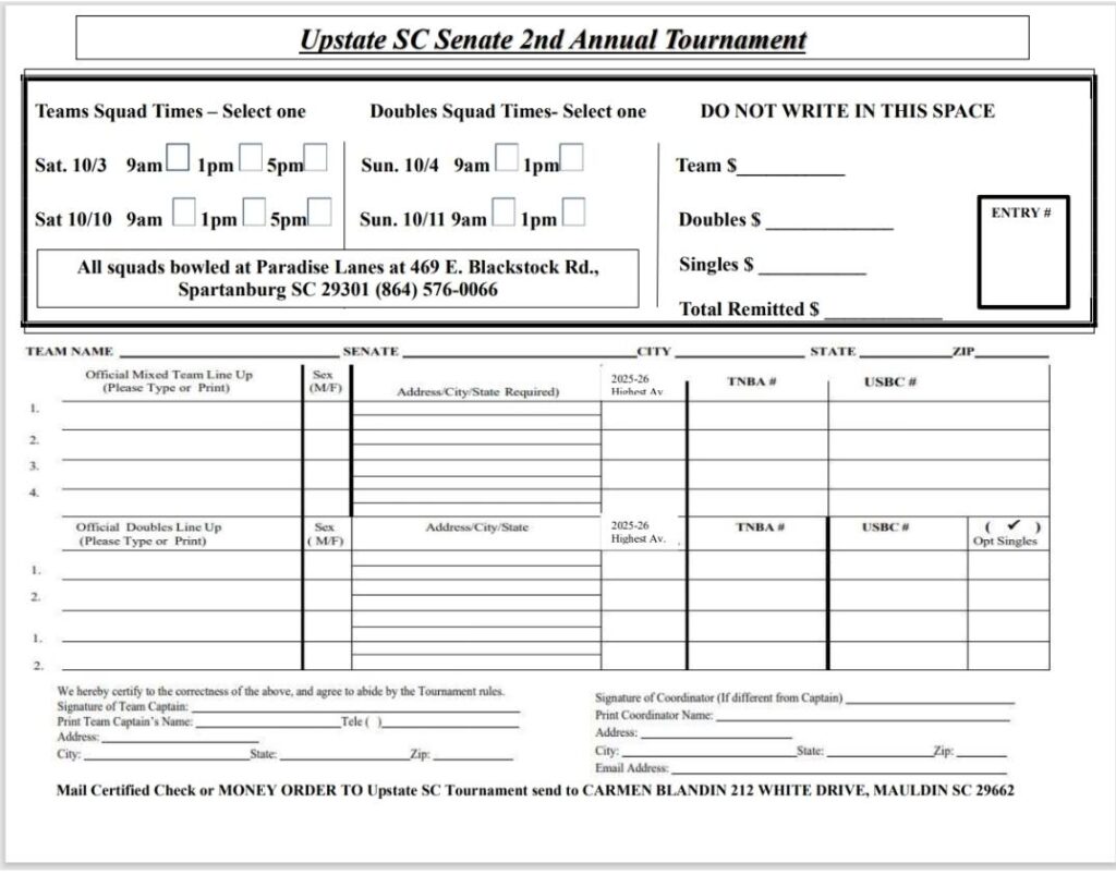 2nd Annual Upstate SC TNBA Mixed Teams and Mixed Doubles Bowling Tournament